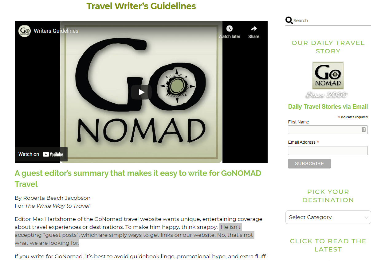 Go Nomad guest post submission page screenshot