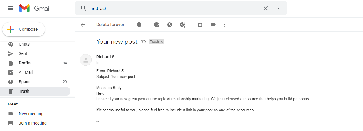 Gmail Outreach Email Example
